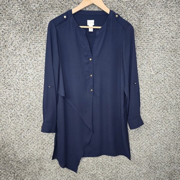 Chicos Top Womens 0 US Small Navy Blue Tunic Sheer Roll Tab Sleeve Blouse - Picture 1 of 7